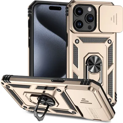 Produktbild von iPhone 15 Pro Hülle mit Schiebe Kamera Schutz und Ringhalter Ständer Robust Rüstung Schutzhülle für iPhone 15 Pro Gold