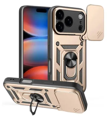 Productafbeelding van MobyDefend Hoesje - Geschikt voor iPhone 17 Pro Max  -  Pantsercase Met Draaibare Ring - Goud