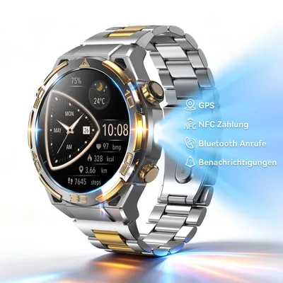 Zdjęcie produktu dla Męski smartwatch Blackview, wstawka z 14-karatowego złota / GPS / kompas / połączenia przez Bluetooth / AI / ChatGPT, ponad 100 trybów sportowych, zegarek fitness dla systemów Android i iOS, edycja flagowa