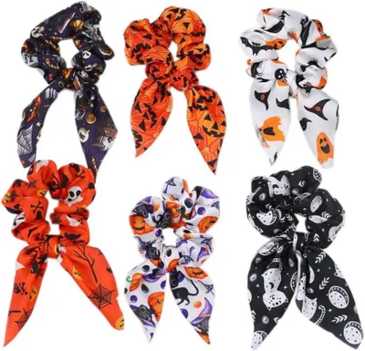Produktbild von 6 Stoff-Haargummis für Halloween, Damen-Stirnbänder, elastische Pferdeschwanzhalter, Haarbänder, Haarschmuck, Haarringe, Haarschnüre, Haarseile und Kopfbedeckungen für Frauen und Mädchen