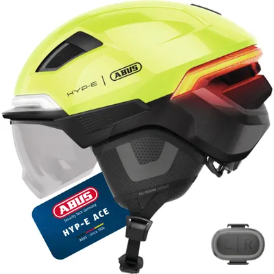 Obrázok produktu pre Cyklistická prilba ABUS HYP-E ACE - s predným svetlom, zadným svetlom a kontrolkou - s hľadím a chráničmi sluchu - vhodná aj pre e-biky a S-pedelec - pre mužov a ženy - veľkosť S, signálna žltá