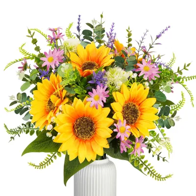 Immagine prodotto di Omgoods - Composizione floreale con girasoli e margherite rosa