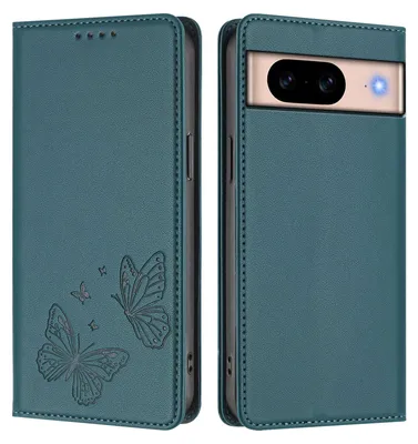 Image de Étui en cuir pour Google Pixel 8A, motif papillon, étui à rabat avec porte-monnaie et support, vert