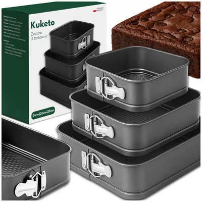 Produktbild von Kuketo | Set 3x Eckige Springformen – Ø 24/26/28 cm – Backformen Mit Abnehmbarem Boden & Antihaftbeschichtung – Für Kuchen, Torten & Aufläufe