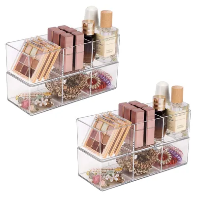 Produktbild von Acryl-Organizer, 4er-Set transparente Aufbewahrungsboxen für Kosmetikartikel, Schmuck und Bürobedarf, stapelbar, 3 Fächer