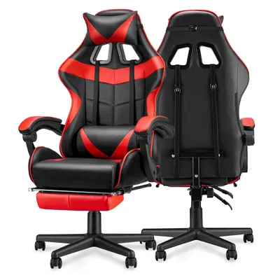 Produktbild von Verdego Gaming-Stuhl mit Klappbarer Fußstütze, Verstellbarer Rückenlehne und Armlehnen, Bürostuhl Ergonomisches Design, PolyurethanKunstleder, Rot