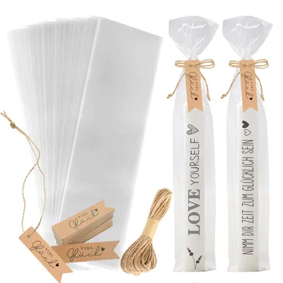 Productafbeelding van Cellophantüten 100 stuks 32 x 10 cm met kraftpapier cadeaukaartjes en jute touw