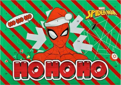 A Christmas advent calendar featuring Spider-Man, with festive decorations and text.