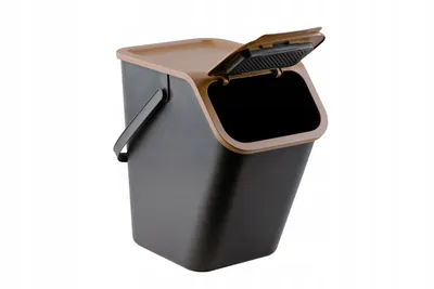 A dark brown and tan kitchen bin with its lid open, shown against a white background.