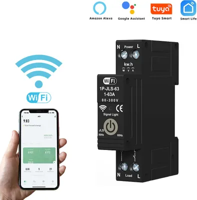A collage showing a smart WiFi circuit breaker and a smartphone displaying its app interface, along with logos of compatible smart home assistants.