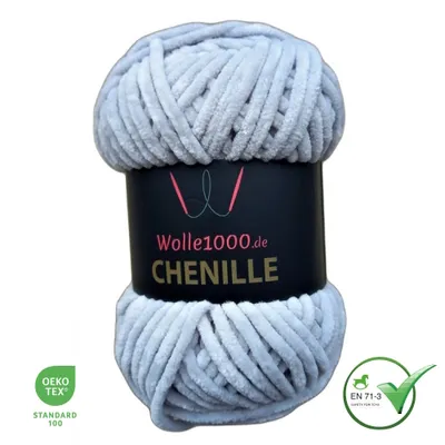 Produktbild von Wolle1000 Chenille - 36 HELLGRAU - 100g - weiches Chenille Garn / Kuschelwolle