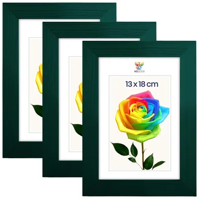 Produktbild von MG Design 3er Set Bilderrahmen 13 x 18 cm - Fotorahmen mit Grün Echtholzrahmen und bruchsicherem Acrylglas, Hoch & Quer zum Aufhängen, zum Aufstellen