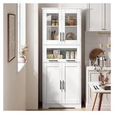 Produktbild von 170 cm hoher Küchenschrank aus Holz mit 2 Holztüren und 2 Glastüren, Mehrzweckschrank mit 4 Fächern, Vorratsschrank/Buffetschrank mit Hochziehschublade, Hochschrank für Küche, Wohnzimmer, Badezimmer, Weiß