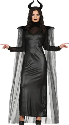 Produktbild von Film Hexe Halloween Outfit Filmfigur Magie Mantel Kleid Hörner Erwachsene, Größe: 38 - 40 (M) Farbe: Schwarz