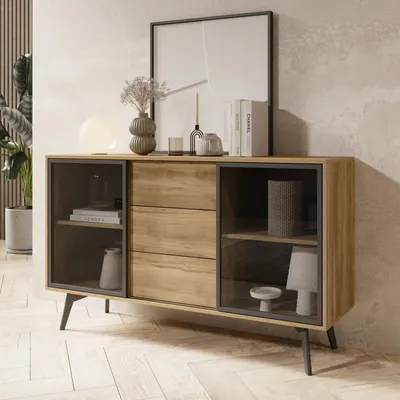Productafbeelding van Zijtafel/dressoir MOTTI, 144 cm, barokstijl, eikenhout, zwart, met push-to-open deuren