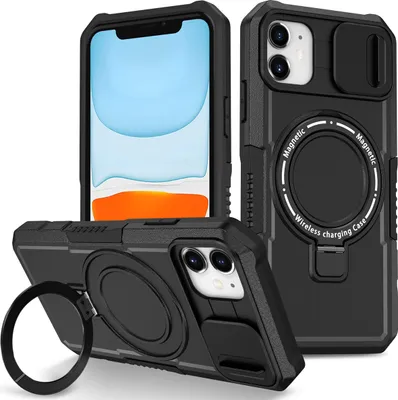 Produktbild von Handyhülle für iPhone 11 Kompatibel mit MagSafe, Robuste Hülle mit Schiebe Kamera Schutz, Magnetischer Ringständer Schwarz