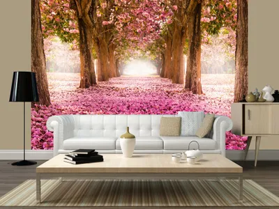 Produktbild von Vlies Fototapete Weg 350x256 cm Tapeten Wandtapete XXL Blumen Bäume Park Allee rosa braun c-A-0031-a-b