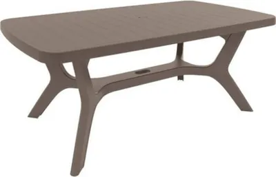 A brown plastic garden table shown from a diagonal angle against a white background.