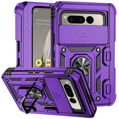 Immagine prodotto di Custodia per Google Pixel Fold a doppio strato con copertura scorrevole della fotocamera e supporto ad anello verde