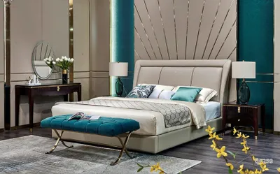 Produktbild von Schlafzimmer Bett 2x Nachttisch Hocker Komplette Sets Leder Möbel Zimmer 4tlg.