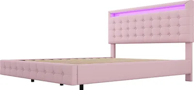Zdjęcie produktu dla płaskie łóżko 140 x 200 cm, oświetlenie LED, zawieszenie, materiał PU, trzystopniowa regulacja wysokości wezgłowia, różowy