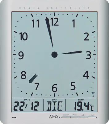 Produktbild von AMS Funk-Wanduhr, Funkwerk mit analoger Zeitanzeige und digitaler Anzeige von Zeit Datum Wochentag Temperatur, 21x24x3cm, 5898