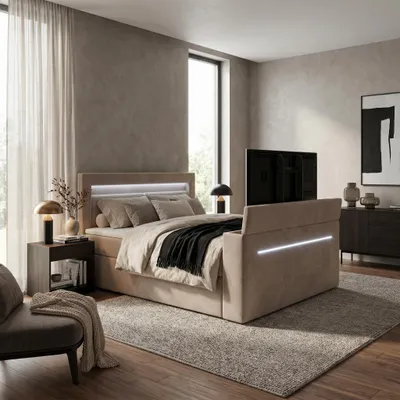 Produktbild von ELVORA DESIGNE Boxspringbett 140x200 cm AURA TV mit Bonellmatratze H3 & Topper, 2 Bettkästen, Beige, KI-generiertes Bild