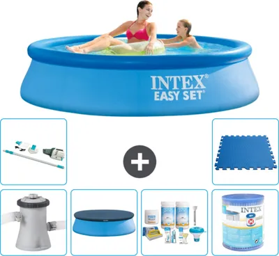 Produktbild von Intex runder aufblasbarer Easy Set-Schwimmpool – 244 x 61 cm – Blau – inklusive Pumpe Abdeckung - Wartungspaket - Filter - Staubsauger - Bodenfliesen
