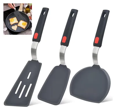 Produktbild von 3-teiliges Pfannenwender Set aus Silikon & Edelstahl, hitzebeständig bis 315 °C, BPA-frei, Antihaftfreundlich, Flexibel, Ergonomisch, Küchenhelfer
