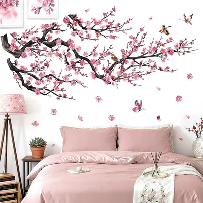 Immagine prodotto di Adesivo murale a forma di ramo di fiori - Adesivo grande per parete - Motivo floreale e con uccelli, stile acquerello - Autoadesivo - Colore rosso
