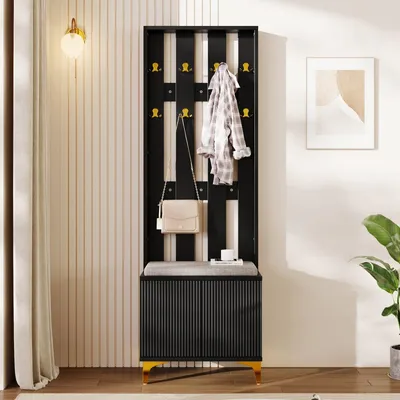 Produktbild von Hoher Garderobenschrank mit Wellentüren, Push-to-Open, verstellbaren Regalen & Goldakzenten, Schwarz, 60,5×35,2×180,5 cm