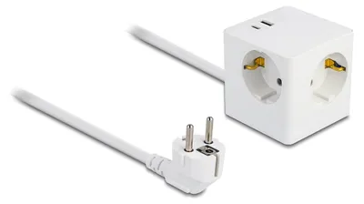 Produktbild von DeLOCK Steckdosenwürfel mit Verlängerungskabel 3-fach mit Kindersicherung und USB PD 3.0 Ladegerät 20 W, 1,5 m Kabel, weiß, 1,5 m, Drinnen, Typ F, Type EF (CEE 7/7), Abgewinkelt, Weiß