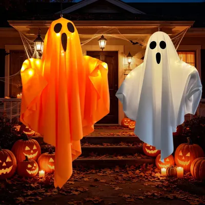 2 leuchtende Hängegeister Halloween-Deko, LED, weiß