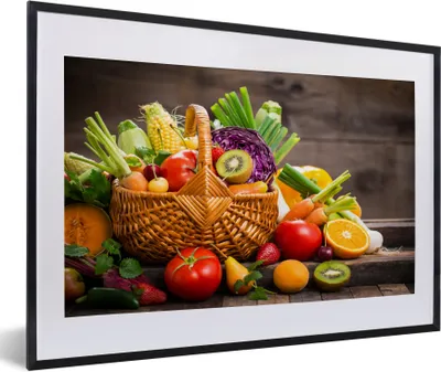 Produktbild von MuchoWow® Gerahmtes Poster Obstkorb - Obst - Gemüse 60x40 cm - Poster mit Schwarzem Bilderrahmen Wandposter Rahmen Foto Bilder - Schlafzimmer - Plakat in Rahmen - Drucken