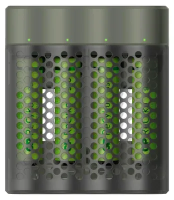 A close-up studio shot of a battery charger with batteries inside.