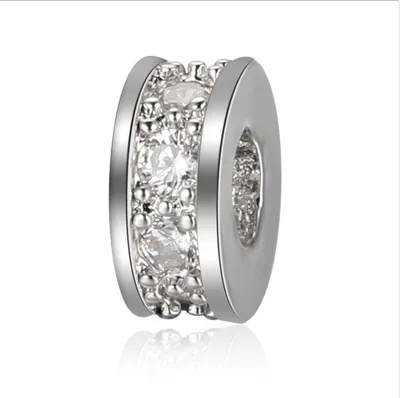 Produktbild von Schmuck-Perlen 5 Stück, Charm Spacer Beads für Armbänder glitzernd, 3x7,5 mm, Silber mit weißem Stein