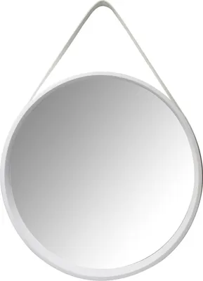 A round mirror with a white frame and a white hanging strap, isolated on a white background.