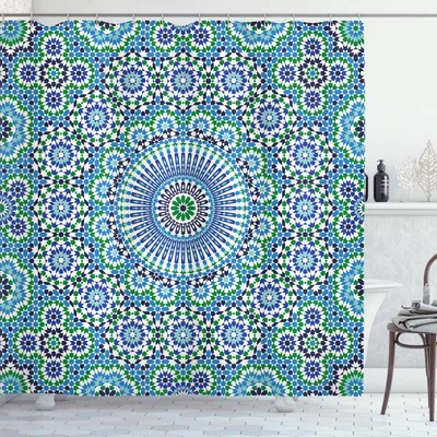 Obrázek produktu pro ABAKUHAUS Orientální sprchový závěs, východní vzor s květinami, ozdobnými motivy, 175 x 220 cm, nebesky modrá, zelená, bílá