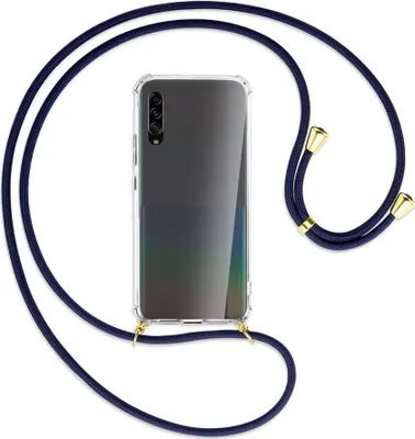 Produktbild von Handykette Backcover-Schutzhülle mit Band (Metall goldfarben) für Samsung Galaxy A90 5G - dunkelblau