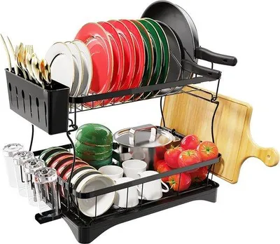 Image de Support de séchage Unyqoos® à 2 niveaux – grande capacité, 42 x 30 x 45 cm, noir, avec supports pour gobelets, couverts, planche à découper et couvercles