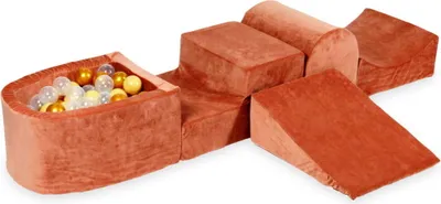 Produktbild von Schaumstoff-Spielset mit Hügel und Mikro-Bällepool – samtig weicher Canyon-Knetball mit Bällebad-Bällen 100 Stück / Beige, Gold, Transparent