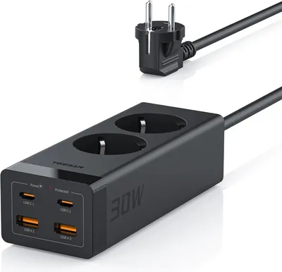 Produktbild von TESSAN 30W Steckdosenleiste Mehrfachstecker mit 2 Fach 2 USB C 2 USB A Verlängerungskabel 2M