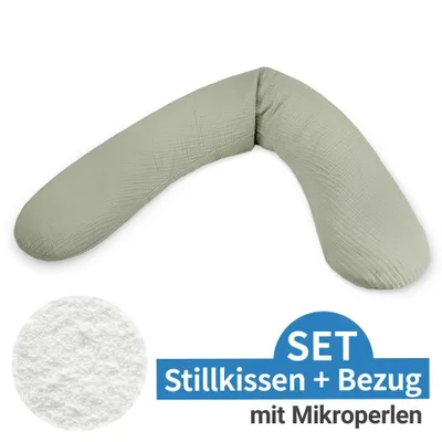 Image de Coussin d'allaitement Theraline « L'Original » avec microbilles, housse incluse, 190 cm, couleur : 200 Sauge. Mousseline