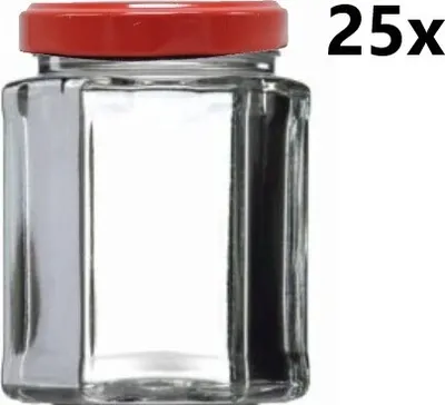 Obrázok produktu pre Varné sklo 278 ml šesťhranné číre 25 ks VČETNE červených viečok, počet kusov v balení: 25