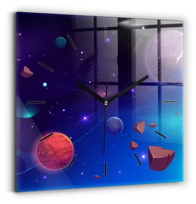 Obrázok produktu pre Wallfluent Hodiny - Sklenené Nástenné Hodiny - Tichý Quartz Strojček - Nástenná Dekorácia Spálňa Kuchyň - Čierna Ruky - 30x30 cm - Galaxia planét