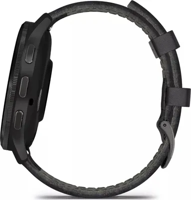 Side view of a black smartwatch with a gray textured strap.