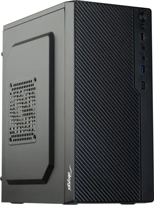 A black computer tower case is shown from a three-quarter angle against a white background.