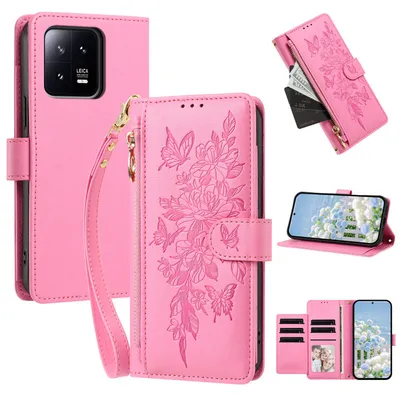 Image de Étui pour Xiaomi 13, en cuir PU, type portefeuille, avec compartiments, support pour cartes et boucle. Couleur : rose