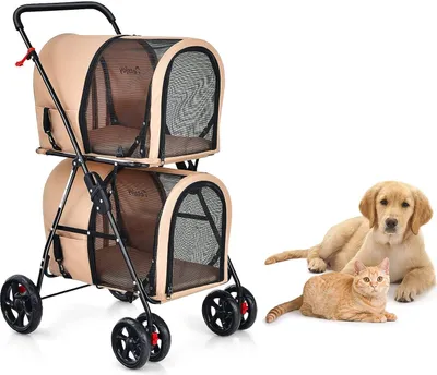 Produktbild von GOPLUS Doppeltschichtiger faltbarer Haustierwagen, 2-stufiger 3-in-1 Haustierwagen auf Rädern, 2 Bremsen, Abnehmbare Taschen, Klappbare Stahlstruktur, für Katze und Hund (Beige)