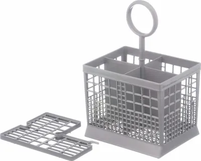 A grey dishwasher cutlery basket and a separate attachment are shown against a white background.